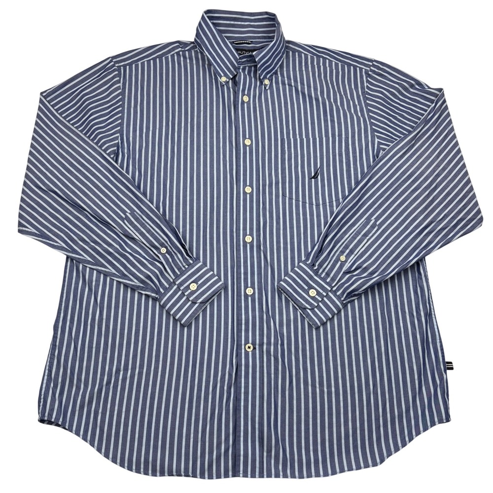 Nautica Shirt Mens Large Blue Striped Button Down Wrinkle Resistant Cotton L
